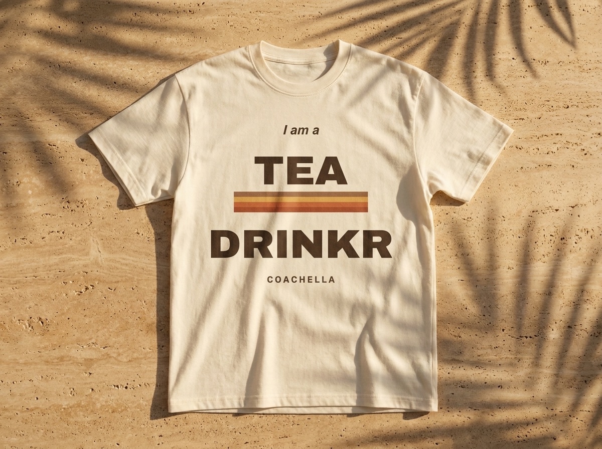 Cream t-shirt: I am a TEA DRINKR — Coachella edition
