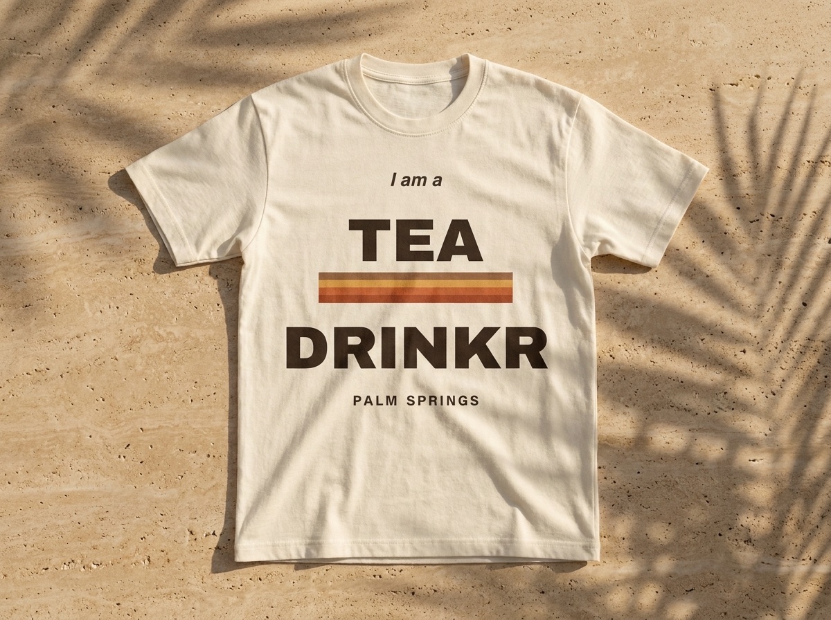 Cream t-shirt: I am a TEA DRINKR — Palm Springs edition